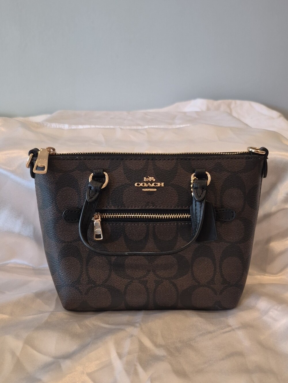Coach Dark Brown Signature Mini Satchel with Black Handles and Gold Hardware